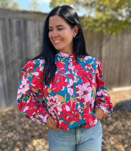 Floral Balloon Sleeve Top