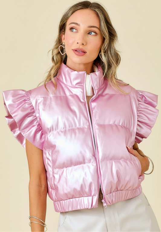 Pink Metallic Ruffle Vest